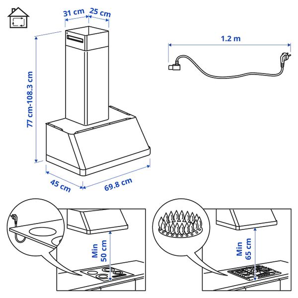 Колпак вытяжного шкафа стенного крепл, черный IKEA FOKUSERA ФОКУСЕРА 303.939.73 - схема-чертеж с размерами