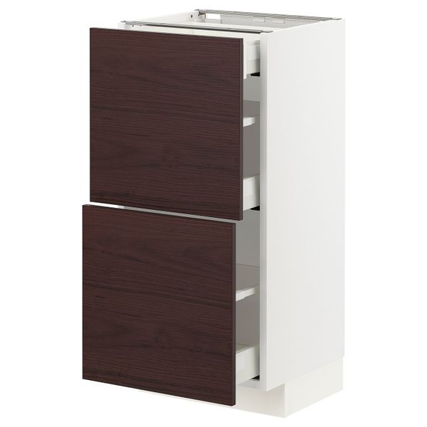 Напольный шкаф/2фасада/3ящика, белый Аскерсунд/темно-коричневый под ясень 40x37 см IKEA METOD МЕТОД / MAXIMERA МАКСИМЕРА - фото 1