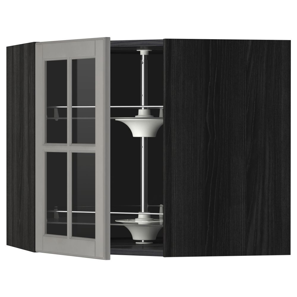 Угловой навесной шкаф с вращающающейся секцией, стеклянными дверцами МЕТОД, черный, Будбин серый - схема-чертеж с размерами