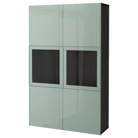 Комбинация для хранения + стеклянная дверц, черно-коричневый Сельсвикен, глянцевый/серо-зеленый светлый прозрачное стекло,