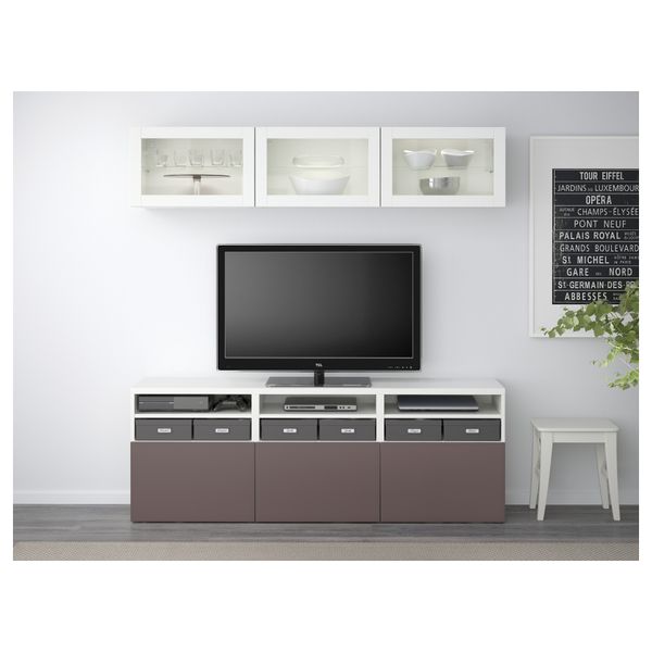 Шкаф для ТВ, комбинированный, стекляные дверцы БЕСТО, белый, Вальвикен темно-коричневый, прозрачное стекло (180x40x192 см) - фото 2