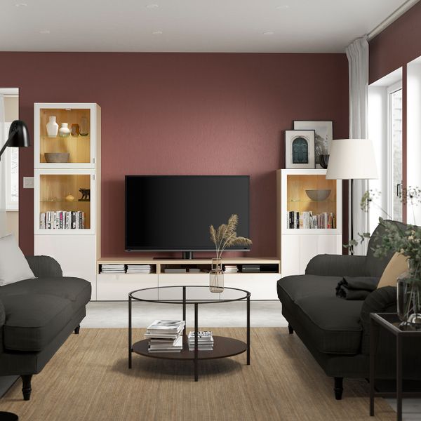 Комбинация для ТВ/стеклянные дверцы, под беленый дуб/Сельсвикен глянцевый, белый прозрачное стекло 300x42x193 см IKEA BESTÅ - фото 2