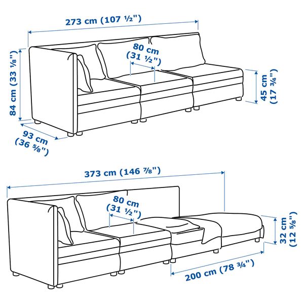 3-местный модульный диван-кровать ВАЛЛЕНТУНА, с открытым торцом, Хилларед темно-серый - схема-чертеж с размерами