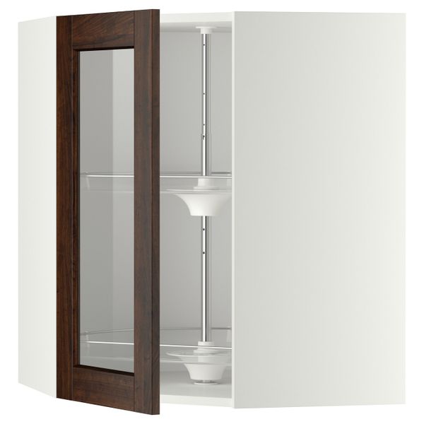 Угловой навесной шкаф с вращающейся секция, стеклянная дв, белый/Эдсерум коричневый 68x80 см IKEA METOD МЕТОД 092.264.10 - фото 1