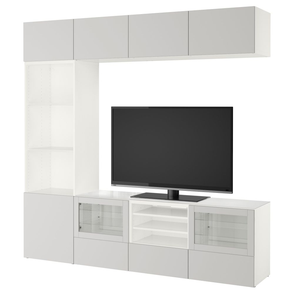 Шкаф для ТВ, комбинированный, стекляные дверцы БЕСТО, белый Лаппвикен, Синдвик светло-серый прозрачное стекло (240x40x230 см) - фото 1