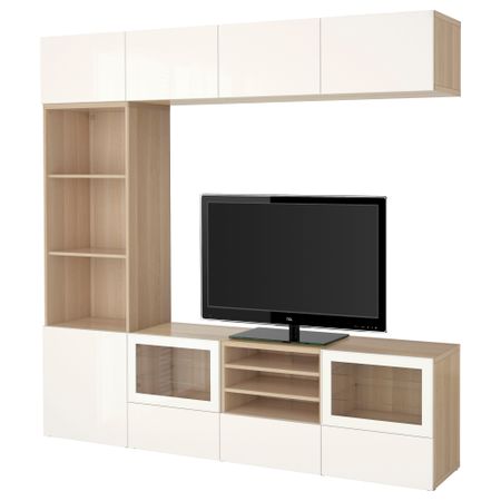 Шкаф для ТВ, комбинированный, стекляные дверцы БЕСТО, под беленый дуб, Сельсвикен глянцевый/белый прозрачное стекло (240x40x230