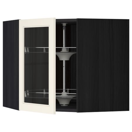 Угловой навесной шкаф с вращающающейся секцией, стеклянными дверцами МЕТОД, черный, Хитарп белый с оттенком