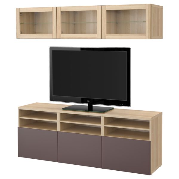 Шкаф для ТВ, комбинированный, стекляные дверцы БЕСТО, под беленый дуб, Вальвикен темно-коричневый, прозрачное стекло (180x40x192 - фото 1