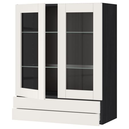 Навесной шкаф, 2 стеклянные дверцы, 2 ящика МЕТОД / МАКСИМЕРА, черный, Сэведаль белый