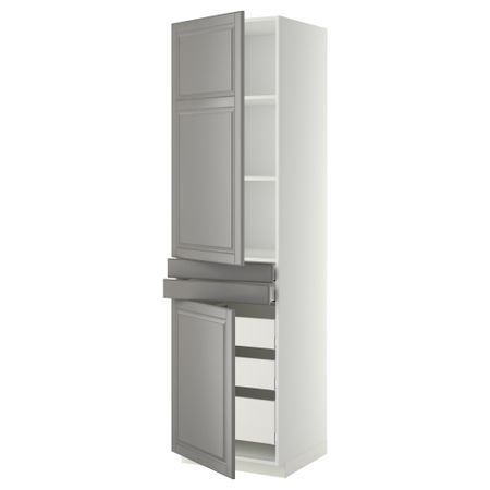 Высокий шкаф + полки, 5 ящиков, 2 дверцы, 2 фронтальных МЕТОД / МАКСИМЕРА, белый, Будбин серый
