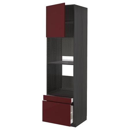 Высокий шкаф для духовки комбинированный, духовка + дверца/2ящ, черный Калларп/глянцевый темный красно-коричневый 60x60x220 см