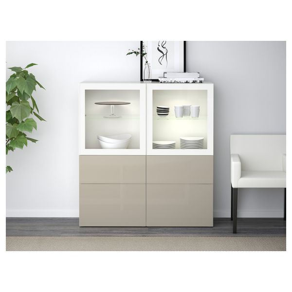 Комбинация для хранения со стеклянными дверцами БЕСТО, белый, Сельсвикен глянцевый/бежевый прозрачное стекло (120x40x128 см) - фото 2