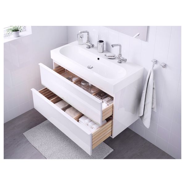 Шкаф для раковины с 2 ящиками ГОДМОРГОН / БРОВИКЕН, глянцевый белый (100x49x68 см) - фото 3