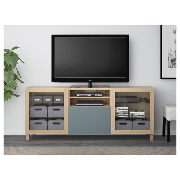 Тумба для ТВ с ящиками БЕСТО, под беленый дуб, Вальвикен серо-бирюзовый, прозрачное стекло (180x40x74 см) - схема-чертеж с размерами