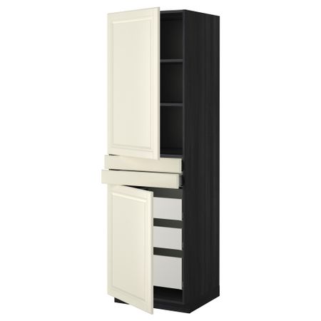 Высокий шкаф + полки, 5 ящиков, 2 дверцы, 2 фронтальных МЕТОД / МАКСИМЕРА, черный, Будбин белый с оттенком