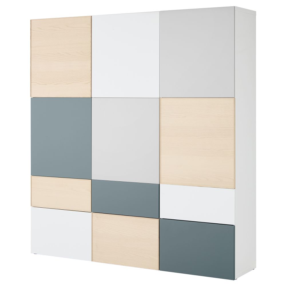 Комбинация для хранения с дверцами, ящиками БЕСТО, белый/светло-серый, серо-бирюзовый ясеневый шпон (180x42x192 см) - фото 1