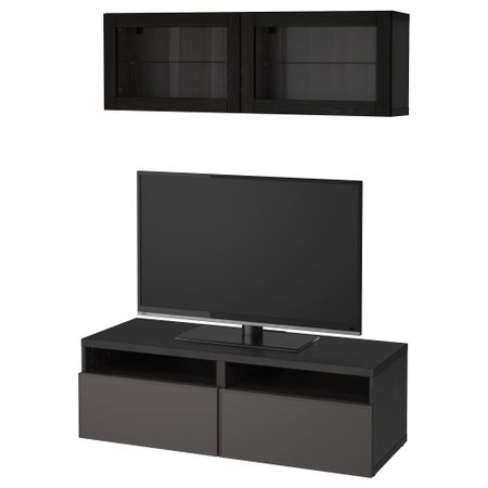 Шкаф для ТВ, комбинированный, стекляные дверцы БЕСТО, черно-коричневый Грундсвикен, темно-серый прозрачное стекло (120x20/40x166
