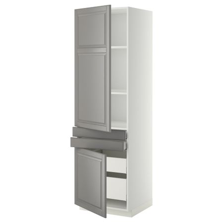 Высокий шкаф + полки, 4 ящик, 2 двери, 2 фронтальные МЕТОД / МАКСИМЕРА, белый, Будбин серый (60x60x200 см)