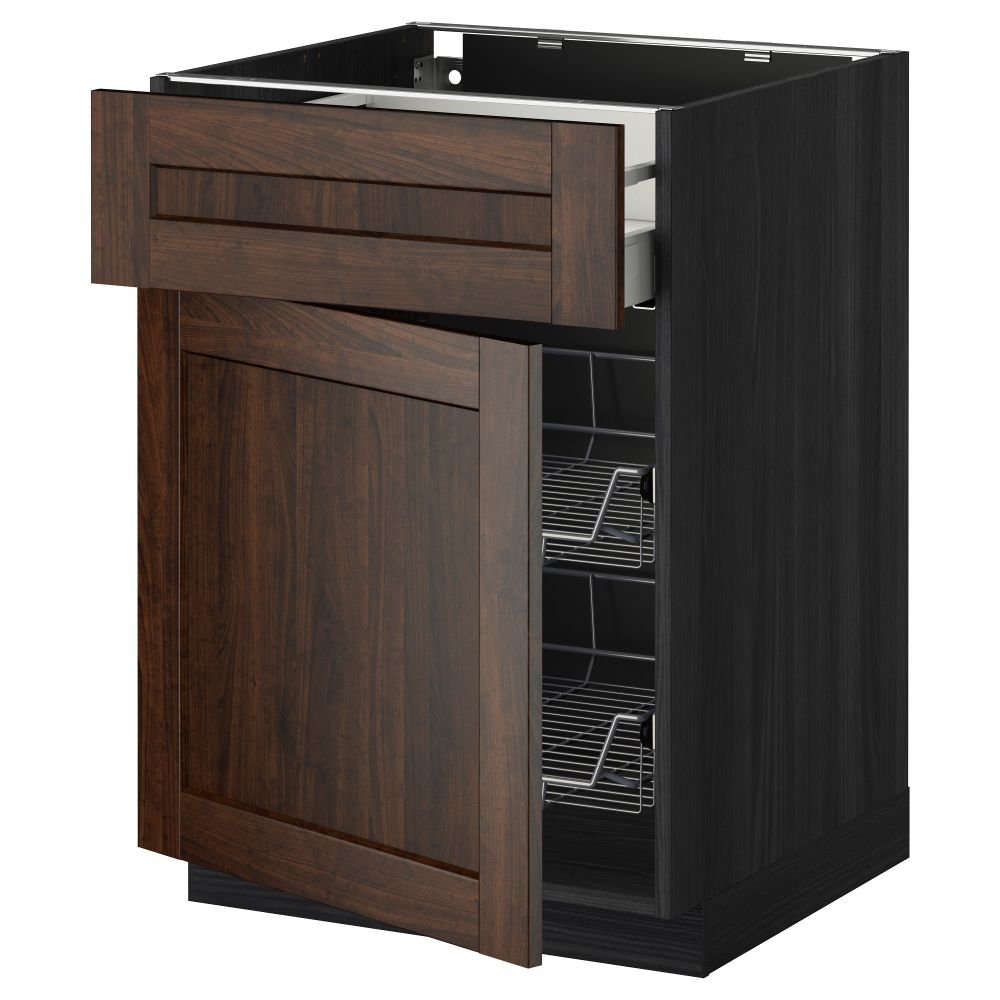 Напольный шкаф с проволочной корзиной, ящиком, дверью МЕТОД / МАКСИМЕРА, черный, Эдсерум коричневый - схема-чертеж с размерами