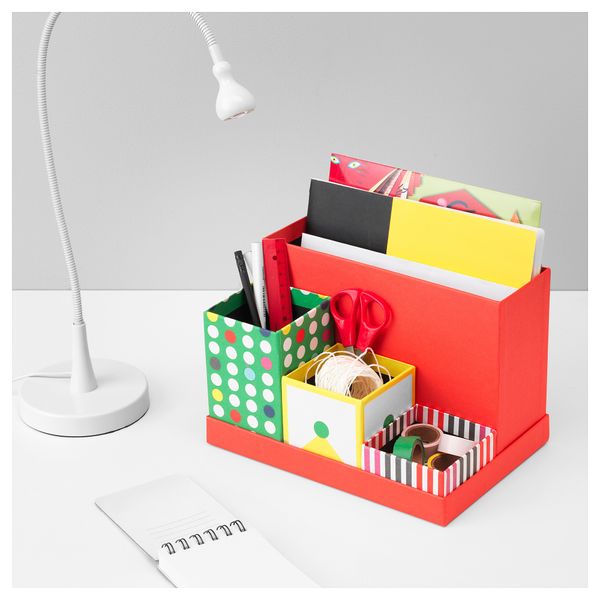 Подставка для канцелярских принадлежности КНАЛЛЬГУЛЬ, красный, разноцветный (18x17 см) - схема-чертеж с размерами