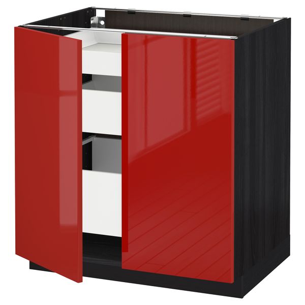 Напольный шкаф с 2 дверцами, 3 ящиками МЕТОД / МАКСИМЕРА, черный, Рингульт красный (80x60 см) - схема-чертеж с размерами