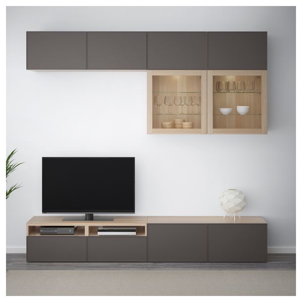 Шкаф для ТВ, комбинированный, стекляные дверцы БЕСТО, под беленый дуб Грундсвикен, темно-серый прозрачное стекло (240x40x230 см) - фото 3