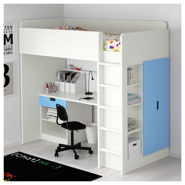 Кровать-чердак, 1 ящик, 2 дверцы СТУВА, белый, синий (207x99x193 см) - фото 2