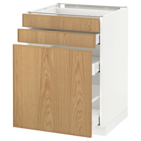 Напольный шкаф с выдвижными модулями, 2 фронтальные панели МЕТОД / МАКСИМЕРА, белый, Экестад дуб