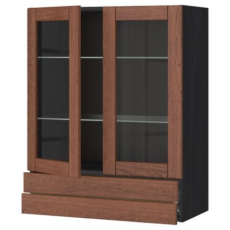 Навесной шкаф, 2 стеклянные дверцы, 2 ящика МЕТОД / ФОРВАРА, черный, Филипстад коричневый
