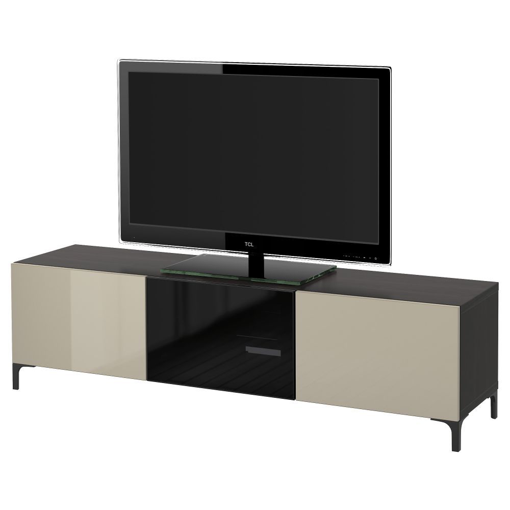 Тумба под ТВ с ящиками и дверцей БЕСТО, черно-коричневый, Сельсвикен глянцевый/бежевый/дымчатое стекло (180x40x48 см) - фото 1