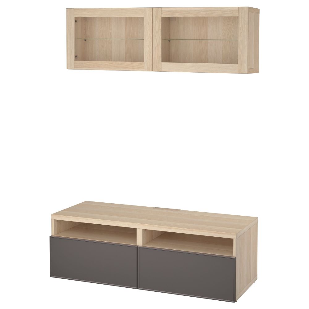 Шкаф для ТВ, комбинированный, стекляные дверцы БЕСТО, под беленый дуб Грундсвикен, темно-серый прозрачное стекло (120x20/40x166 - фото 1