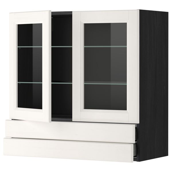 Навесной шкаф, 2 стеклянные дверцы, 2 ящика МЕТОД / МАКСИМЕРА, черный, Лаксарби белый - фото 1