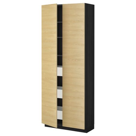 Высокий шкаф с ящиками, 2 дверцы МЕТОД / МАКСИМЕРА, черный, Тингсрид береза (80x37x200 см)