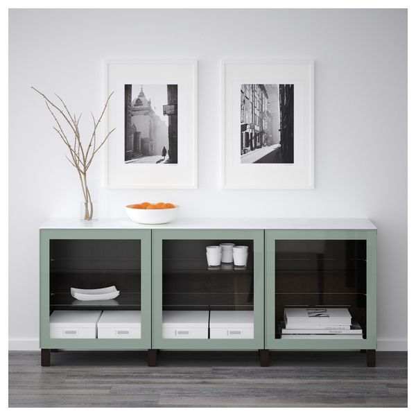 Комбинация для хранения с дверцами БЕСТО, черно-коричневый Глассвик, глянцевый/серо-зеленый светлый прозрачное стекло (180x42x74 - фото 2