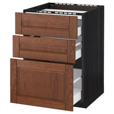 Напольный шкаф, 3 фронтальных панели, 3 ящика МЕТОД / МАКСИМЕРА, черный, Филипстад коричневый