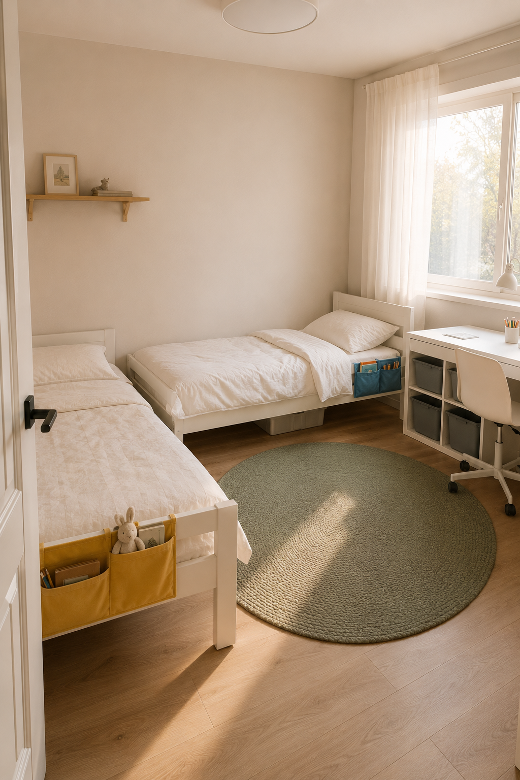 Планировка 2 детской 16 м² с двумя раздельными кроватями 90×200 Г-образно, общий стол MICKE у окна