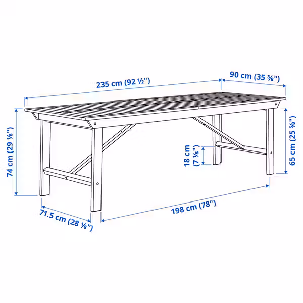 BONDHOLMEN Садовый стол - белый/бежевый 235x90 см - схема-чертеж с размерами