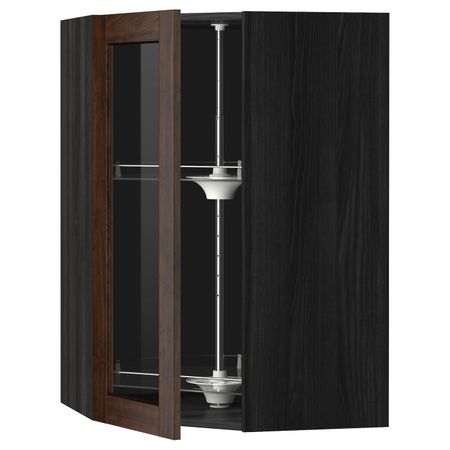 Угловой навесной шкаф с вращающейся секция, стеклянная дв, черный/Эдсерум коричневый 68x100 см IKEA МЕТОД 292.264.09