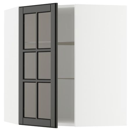 METOD Углов навесн шкаф с полками/сткл дв - белый/Bodbyn чёрный 68x80 см
