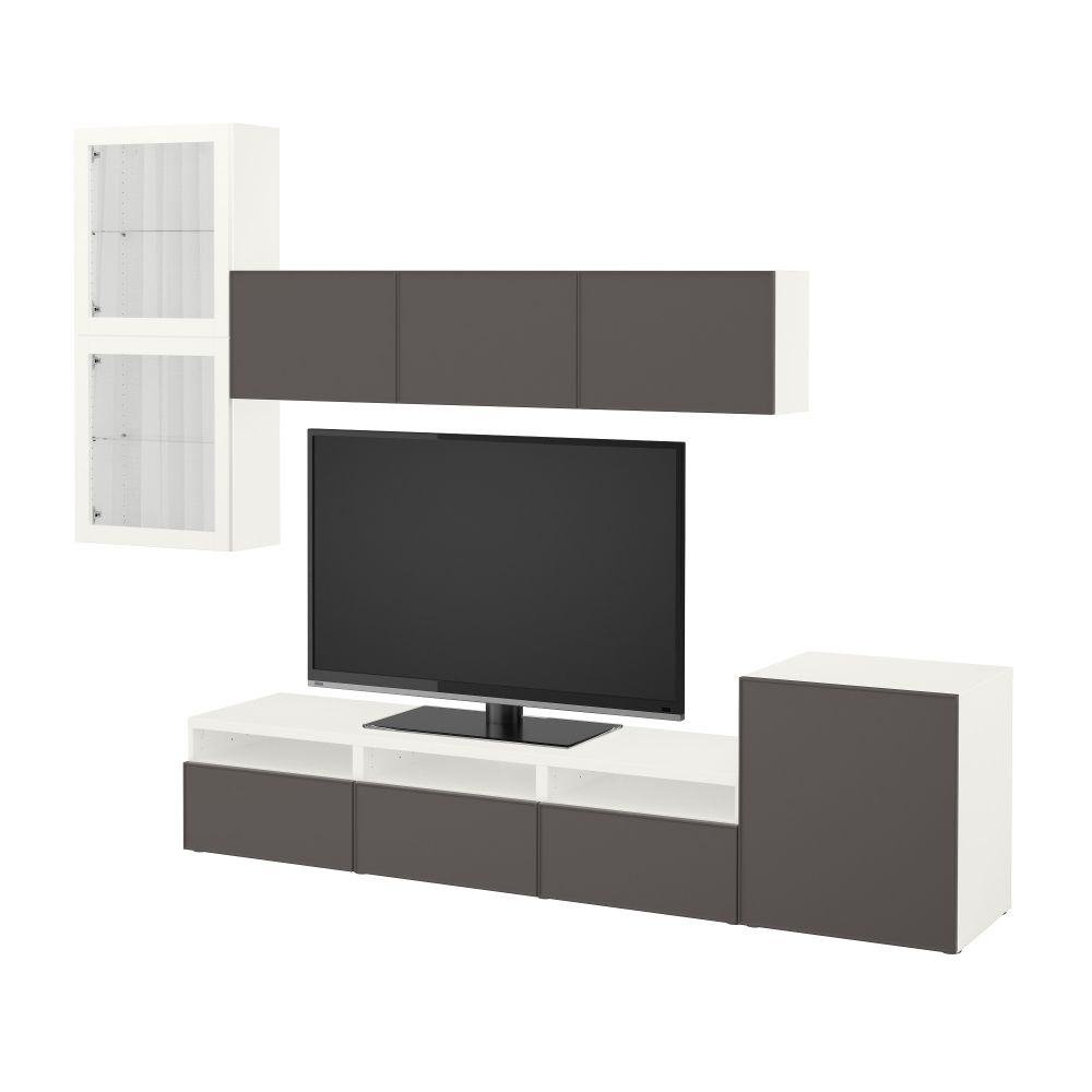 Шкаф для ТВ, комбинированный, стекляные дверцы БЕСТО, белый Грундсвикен, темно-серый прозрачное стекло (300x20/40x211 см) - фото 1