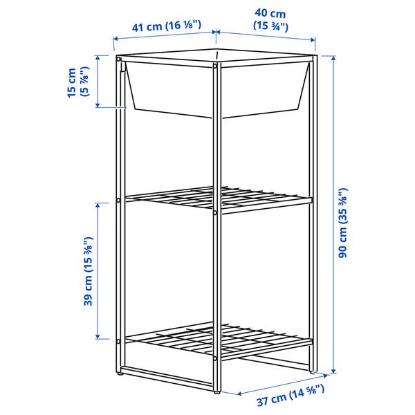 JOSTEIN Стеллаж с контейнером - д/дома/улицы/проволочный белый 41x40x90 см - схема-чертеж с размерами