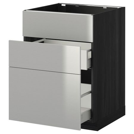 Напольный шкаф под мойку + 3 фронтальных панели, 2 ящика МЕТОД / МАКСИМЕРА, черный, Гревста нержавеющ сталь