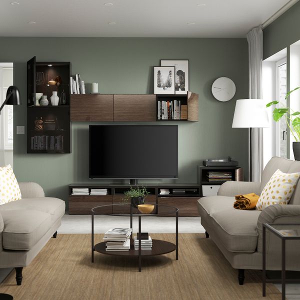 Шкаф для ТВ, комбинированный, стекляные дверцы, черно-коричневый/Сельсвикен глянцевый, коричневый дымчат стекло 300x42x211 см - фото 2