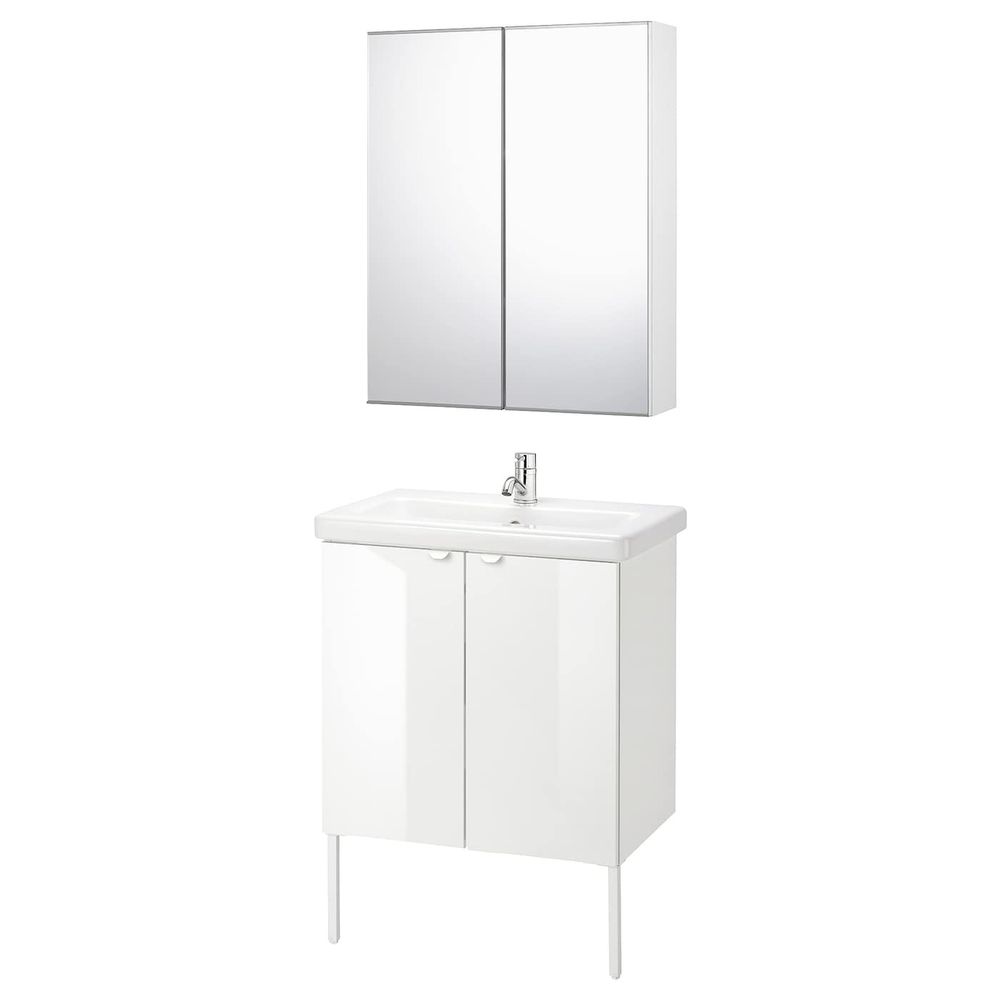 Комплект мебели для ванной,7 предм., глянцевый белый/ПИЛКОН смеситель 64x43x88 см IKEA FISKÅN ФИСКОН / TVÄLLEN ТВЭЛЛЕН - фото 1