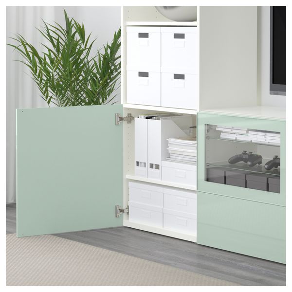 Шкаф для ТВ, комбинированный, стекляные дверцы БЕСТО, белый Сельсвикен, глянцевый/серо-зеленый светлый прозрачное стекло - фото 3