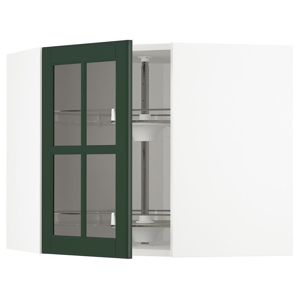 Угловой навесной шкаф с вращающейся секция, стеклянная дв, белый/Будбин темно-зеленый 68x60 см IKEA METOD МЕТОД 493.123.64 - фото 1