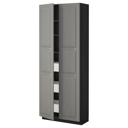 Высокий шкаф с ящиками, 2 дверцы МЕТОД / МАКСИМЕРА, черный, Будбин серый (80x37x200 см)
