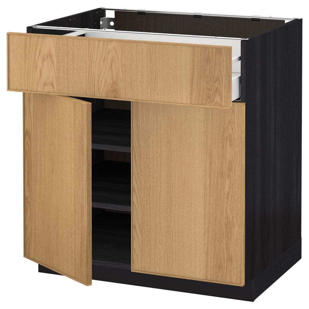 Напольный шкаф + ящик, 2 дверцы МЕТОД / МАКСИМЕРА, черный, Экестад дуб - схема-чертеж с размерами