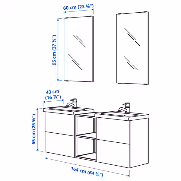 ENHET Ванная - белый 164x43x65 см - схема-чертеж с размерами