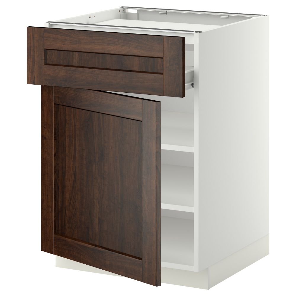 Напольный шкаф для варочной панели, ящик, полка, дверцы МЕТОД / ФОРВАРА, белый, Эдсерум коричневый (60x60 см) - фото 1